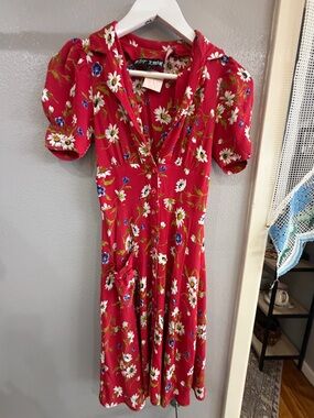 Betsey Johnson Red Floral Midi Dress with Puff Sleeves